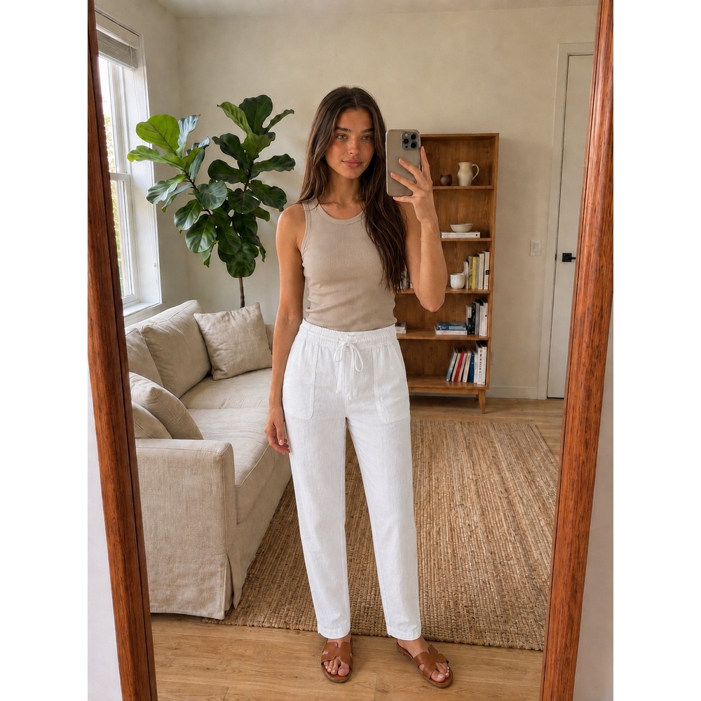 Artisan NY Womens 100% Linen Pants M White Coastal Minimalist Lagenlook Beach‎